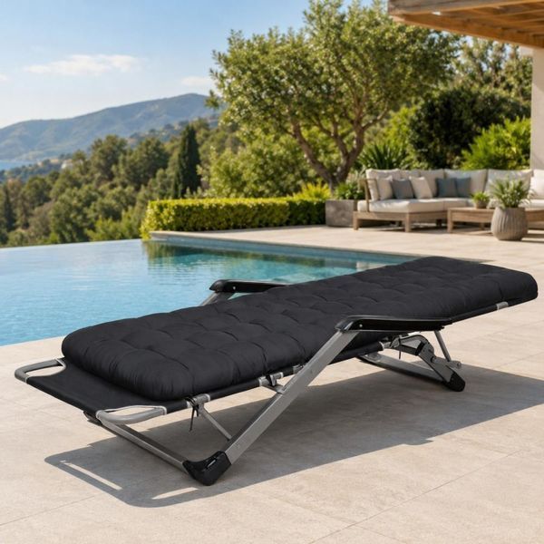 Садове пляжне крісло Ideal Garden Premium з матрацом та подушкою, до 125 кг, чорне, шезлонг для саду та тераси 30853 фото