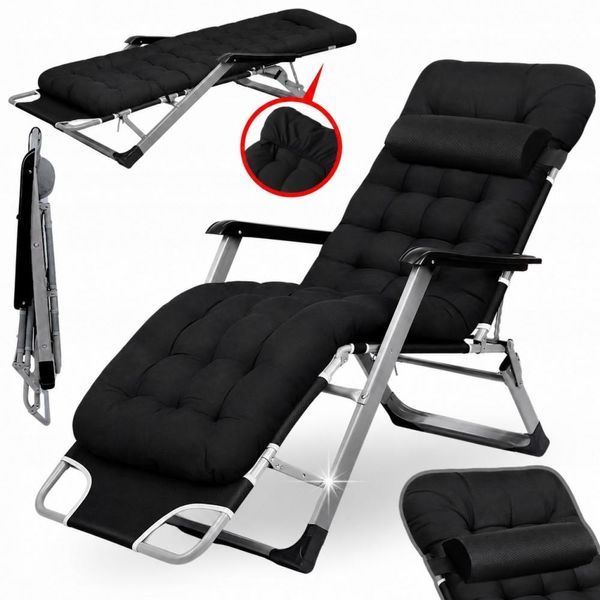 Садове пляжне крісло Ideal Garden Premium з матрацом та подушкою, до 125 кг, чорне, шезлонг для саду та тераси 30853 фото
