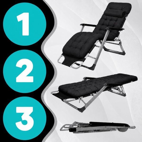 Садове пляжне крісло Ideal Garden Premium з матрацом та подушкою, до 125 кг, чорне, шезлонг для саду та тераси 30853 фото