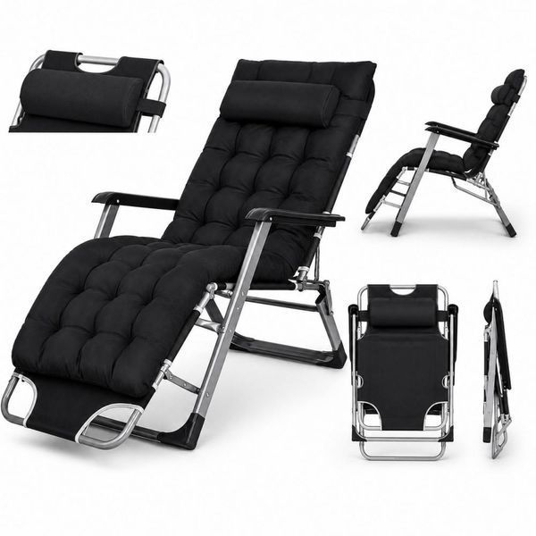 Садове пляжне крісло Ideal Garden Premium з матрацом та подушкою, до 125 кг, чорне, шезлонг для саду та тераси 30853 фото