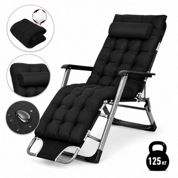 Садове пляжне крісло Ideal Garden Premium з матрацом та подушкою, до 125 кг, чорне, шезлонг для саду та тераси 30853 фото