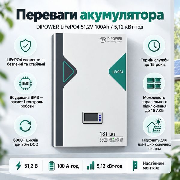 Комплект резервного живлення з інвертором Anenji 11 кВт + DIPOWER LiFePO4 5,12 кВт&middot;год, Wi-Fi 30926 фото