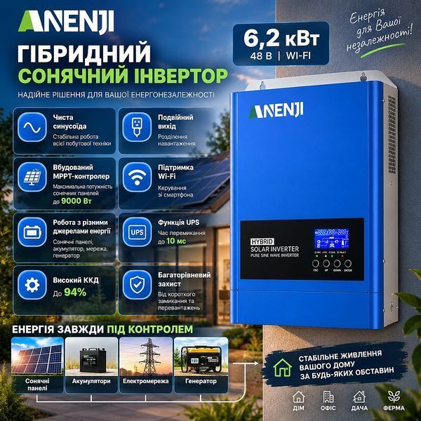 Комплект резервного живлення Anenji 6,2 кВт + 2&times; DIPOWER LiFePO4 51,2 В 100 А&middot;год, 10,24 кВт&middot;год, Wi-Fi 30925 фото