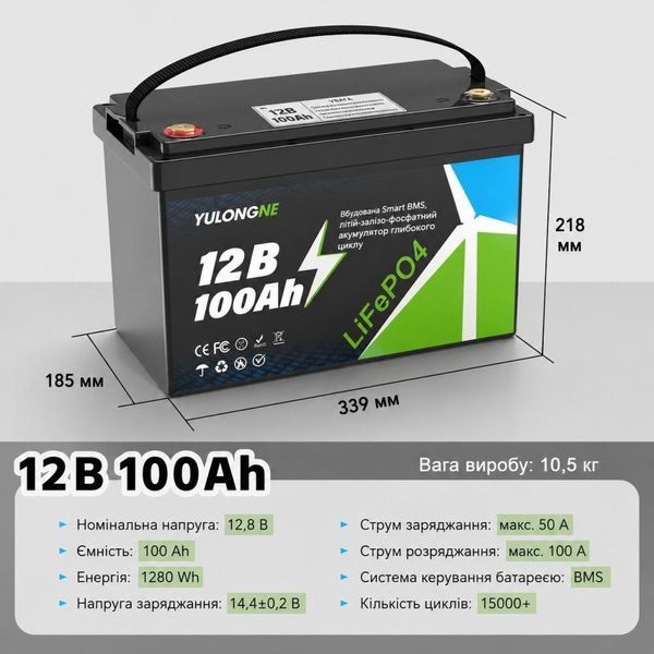 LiFePO4 акумулятор YULONGNE 12.8V 100Ah 1280Wh з BMS для резервного живлення 30773 фото