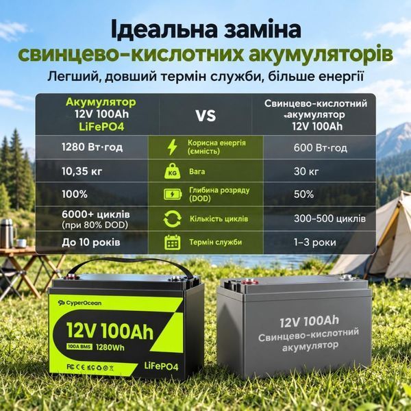 LiFePO4 12V/100Ah Акумулятор CyperOcean з BMS 100 А для систем резервного живлення 30932 30932 фото