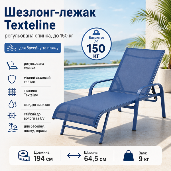 Шезлонг-лежак Texteline, регульована спинка, до 150 кг &mdash; для басейну та пляжу, синій 17228 фото