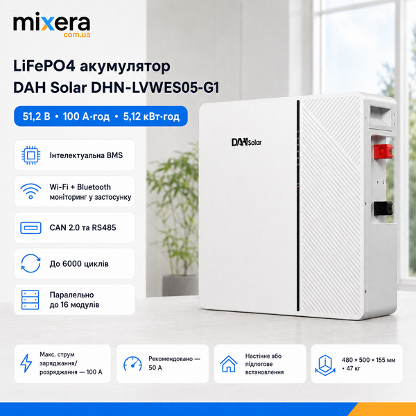 LiFePO4 акумулятор DAH Solar DHN-LVWES05-G1 51,2 В 100 А&middot;год, 5,12 кВт&middot;год, BMS, Wi-Fi/Bluetooth 30861 фото