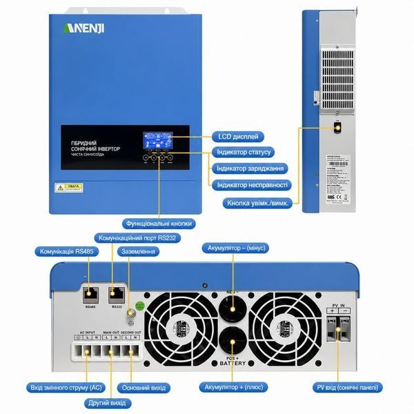 Гібридний сонячний інвертор Anenji ANJ-6200W-48V-W 6,2 кВт, 48 В, Wi-Fi, подвійний вихід 30860 фото