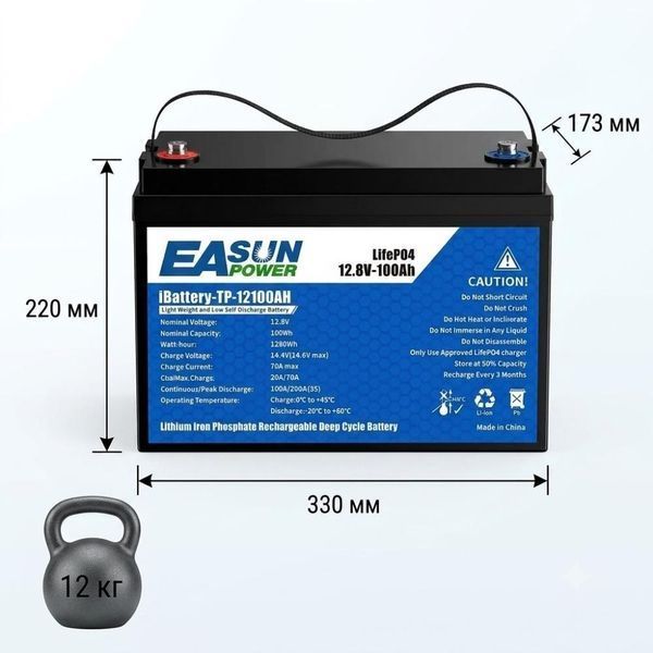 LiFePO4 акумулятор EASUN POWER IBattery-TP-12100AH 12,8 В 100 А&middot;год, 1,28 кВт&middot;год, BMS 30875 фото