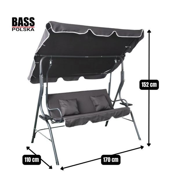 Гойдалка садова тримісна 170x110x153 см Bass Polska BH 10030 з подушками, колір антрацит BH 10030 фото