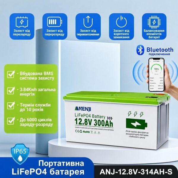 LiFePO₄ акумулятор Anenji ANJ-12.8V-300AH-S, 12,8 В, 300 А&middot;год, 3,84 кВт&middot;год, Bluetooth, BMS 30842 фото